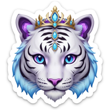 ESO Female white/black tiger khajiit leader of the umbral rose, glowing blue eyes, glowing blue 'third eye' gem; purple gem silver tiara sticker