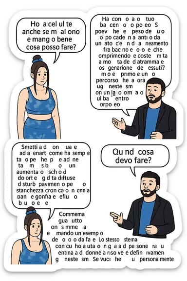 TRASFORMA QUESTO CAROSELLO IN UN FUMETTO CON QUESTE DUE PERSONE IDENTICHE CHE INTERLOQUISCONO TRA LORO:

Ho la cellulite anche se mi alleno e mangio bene, cosa posso fare?

Hai controllato il tuo baricentro corporeo?
Sapevi che se il peso del tuo corpo cade in avanti o da un lato, c’è un disallineamento fra bacino e torace, che comprimendo le coste, limita la motilità del diaframma e l’ossigenazione dei tessuti?
Il mio è il primo e unico percorso che lavora sugli inestetismi con un lavoro mirato sul baricentro corporeo.

Smettila di continuare ad allenarti come hai sempre fatto perché, oltre ad inestetismi visibili, corri un aumentato rischio di:
    • dolori e rigidità diffuse
    • disturbi pavimento pelvico
    • stanchezza cronica o insonnia
    • pancia gonfia e reflusso (bruciore)
    • etc…


Quindi cosa devo fare?
Commenta, qua sotto, con “simmetria” e ti mando un esempio del lavoro da fare. Lo stesso sistema con cui ho aiutato migliaia di persone, fra cui centinaia di donne a risolvere definitivamente gli inestetismi.
Metterei il prima e dopo

Se vuoi che ti aiuti personalmente
SCRIVIMI IN DIRECT sticker