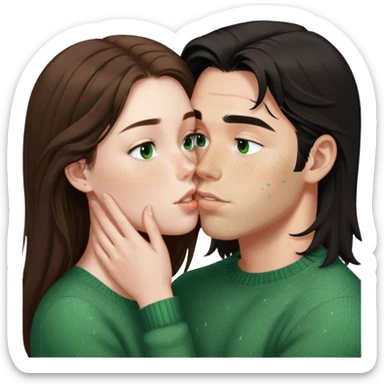 Young guy with black slightly long hair kissing a young woman with brown hair and  green sweater and only the woman has very light freckles on her face with the emoji made so there is no part that is cut off sticker