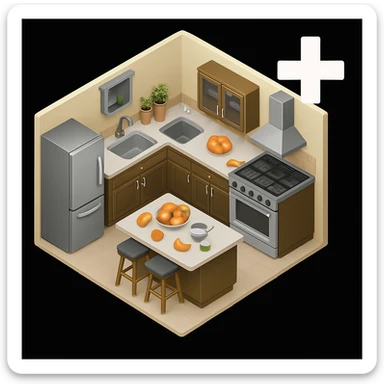 Change the color of the plus (+) symbol in the top right corner to white, keeping the rest of the kitchen emoji unchanged, in a style consistent with the original kitchen emoji. sticker