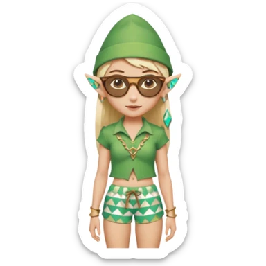 elf female legolas portrait, patterned board shorts (geometric/abstract), unique wooden-framed sunglasses, undercut hairstyle, slight smirk, visible pointy ears, no background, centered emoji, hipster summer vibe coctails with summer hat sticker