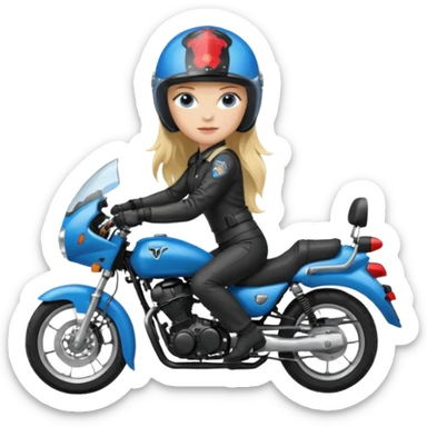 moça loira de cabelo comprido e olhos azuis com capacete em moto honda 150 preta em cima da moto sticker