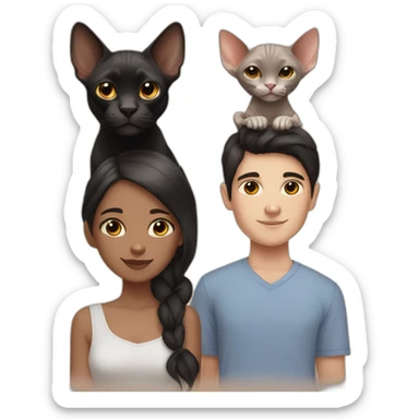 short black hair girl and brown hair boy with their two sphynx cats sticker