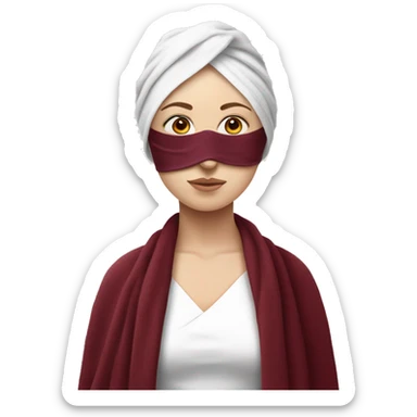 realistic white-skinned girl with a burgundy towel on her head and a white mask on her face sticker