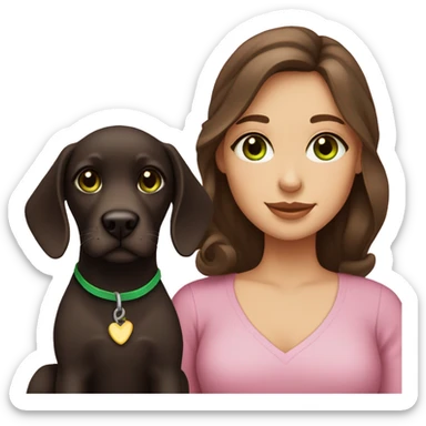 Girl with wavy dark brown hair, fair skin and green eyes with a labrador puppy sticker