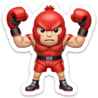 Gota de agua de color rojo con cara de enfado y unos guantes de boxeo, que tenga brazos y piernas musculados sticker