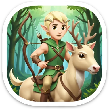 clash-of-clans-aesthetic-blond-male elf-archer-portrait-emoji, rendered in a flat, vector-style with minimal shading and bold, simplified shapes, head tilted slightly forward with a determined, focused expression, riding a majestic white stag whose antlers glow with mystical energy, set against an ancient, enchanted forest backdrop. sticker