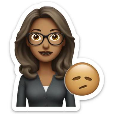 woman in her 40s with big round thin glasses, long brown ha sticker