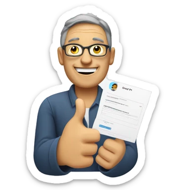 A middle-aged person holding a feedback form featuring a happy face emoji and giving a thumbs-up, symbolizing positive feedback sticker