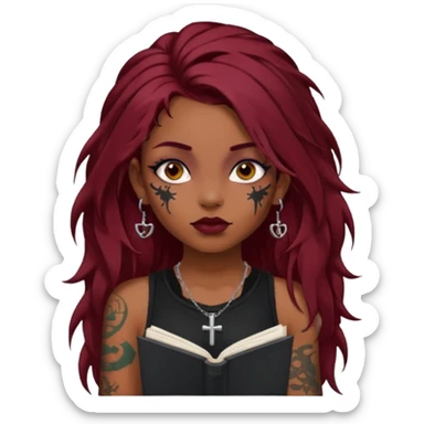 generate an ios genmoji of a dusky girl with long dark red messy hair with eyeliner on her eyes. septum piercing, wearing a cami black top, has tattoos, on shoulders. ear piercings. wearing a cross silver necklace. carrying a lot of sketchbooks


no tattoos on face sticker