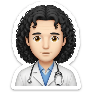 A young male slim doctor with long black curly hair hair which covered his forehead sticker