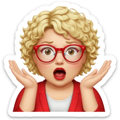 Blonde woman with short curly hair, slightly overweight, wearing glasses with red frames, shouting with hands on each side of her mouth sticker
