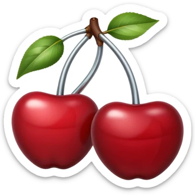 A pair of cherries emoji made of polished silver chrome, smooth rounded shapes, glossy metallic finish, soft highlights and reflections, cute proportions, iOS emoji style, centered, clean white background, no text sticker