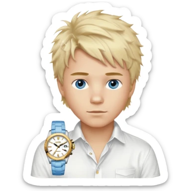 Create a look for a blond boy with long, tousled hair, light eyes, a white sweater, a wealthy appearance, blue eyes, and accessories like a Rolex or Cartier watch, and a cute face with messy hair down. blue eyes + ralph lauren and the hair to the side fluffy shirt sticker