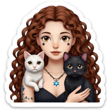 woman with long curly brown hair, brown eyes, white skin, tattoos, black cat made of star constellations beside her sticker
