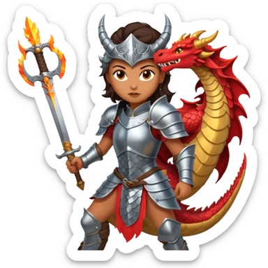 Fierce Latina in armor with a sword in a losing battle with a dragon sticker
