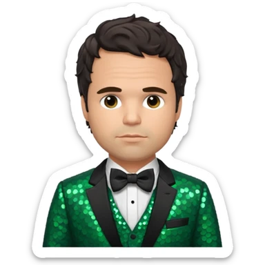 Mark Ruffalo with dark brown hair, dark green sequin suit with bow tie sticker
