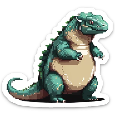 A pixelated fat komodo dragon with a big round belly, mid-hiccup with its body slightly jumping sticker