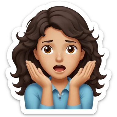 girl very dark brown wavy hair freckles tan skin color brown eyes crossing arms holding neck screaming sticker