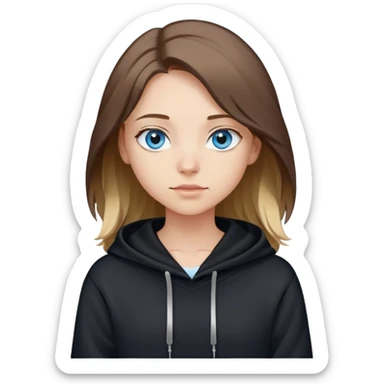 girl with blue eyes, shoulder-length brown hair with light blonde streaks, wearing a black hoodie sticker