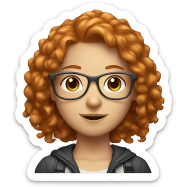 ginger gamer girl with long curly hair, brown eyes, thin metal glasses sticker