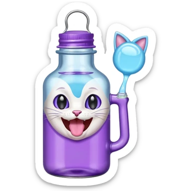 Smiling bottle of oil light purple top and light blue sticking tongue out and with cat ears sticker