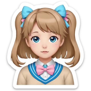 Neuro-sama, AI Vtuber, light-brown hair, blue big round eyes, anime style, pink bow ties in hair, blushing, cute, cyan bow tie on neck, beige sweater, pig tails, white heart hair clip, sticker