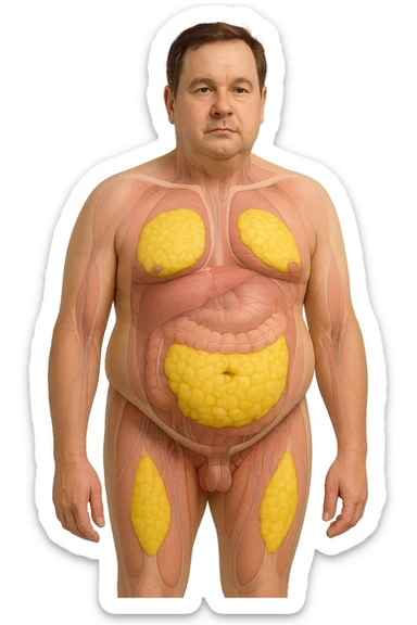 a middle-aged man stands in a clinical setting, with semi-transparent overlays highlighting areas of excess body fat accumulation—such as the abdomen, chest, and thighs. The fat tissue is shown in yellow, contrasting with underlying muscles and organs. The man’s expression is neutral, and the background is clean and modern, emphasizing the educational aspect. sticker