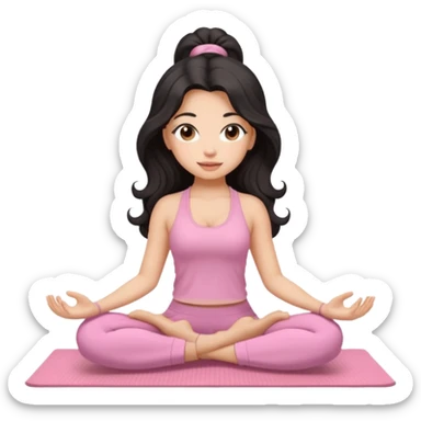 Black long curled hair and brown eyes yoga beautiful girl in light pink clothes sitting on a yoga mat sticker