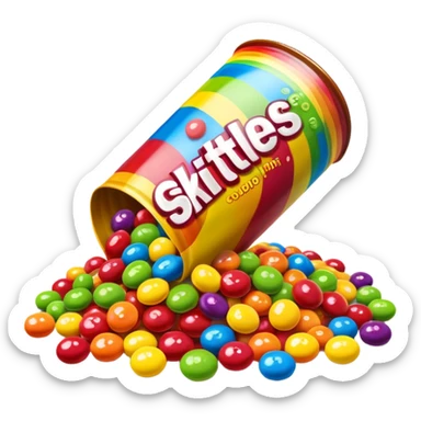 Skittles candy package spilling colorful round candies, rainbow colors sticker