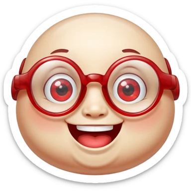A single chubby crystal gemstone character wearing cute round glasses, chunky and irregular with faceted sides (not egg-shaped), [red], big glossy eyes behind the glasses and a wide happy smile, , high detail, soft lighting, centered on a plain dark background sticker