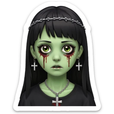 Zumbi verde com olhos castanhos aspecto de que tá sangrando, uma franja reta com cabelo preto um piercing do lado esquerdo do nariz, roupa preta e crucifixo como colar, e também delineador sticker