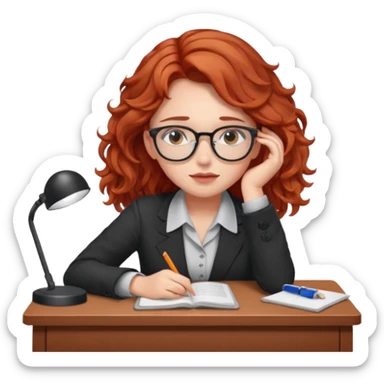 Pretty model, brown eyes, soft red wavy hair, falling asleep at desk sticker