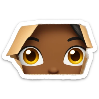 A beautiful brown skin woman with peeks cheerfully from an opening in a large cardboard box, her expression sad and the cartoon appear in the emojis  sticker
