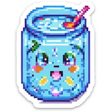 pixel art style drink with a cute face and bright colors sticker