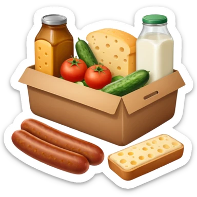 a box of groceries, sausage, cheese, canned meat, herbs, milk, tomatoes, cucumbers, and a loaf of bread sticker