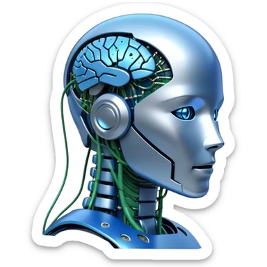 An icon featuring a humanoid robot, a neural network diagram, and a glowing brain, symbolizing artificial intelligence. The design includes binary code, a microchip, and data flow lines, representing machine learning, automation, and innovation. Transparent background sticker