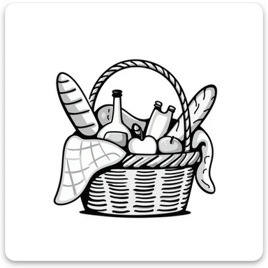 A wicker picnic basket with handle and contents like food items in pastel colors (dd9fb0, ffc6d3, a3bfc9, c4bee2, f1b091), hand-drawn doodle style sticker