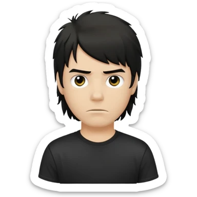 a light tan boy with messy a black mullet. wearing a black tshirt sticker