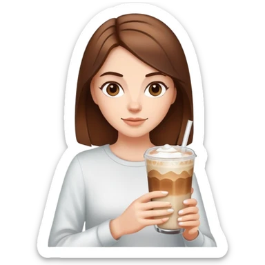 White girl with brown hair has ice latte coffee in glasse cup sticker