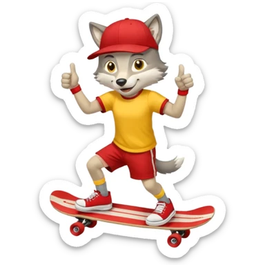 A gray wolf with large, expressive eyes and a friendly smile. The gray wolf is wearing a bright yellow T-shirt, red shorts, white knee socks, and sneakers. The baseball cap is worn backwards. The wolf holds a skateboard in one hand and gives a thumbs-up with the other, a confident and cheerful pose. sticker