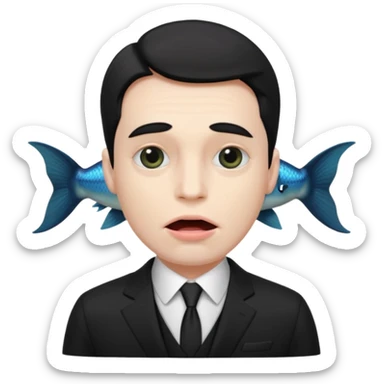 A man dressed in a black suit. His face is that of a fish — therefore, he has no human face. The fish’s face is positioned vertically, meaning its mouth is facing upward. sticker