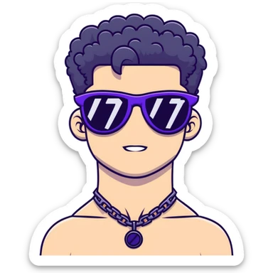 shirtless male athlete with white skin and moderately curly black hair on top with shaved sides, wearing purple sunglasses with black tinted lenses and a shiny black necklace sticker