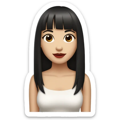 pretty girl with long black straight hair reaching below the armpits with bangs. red lips, brown eyes, white skin, almond shaped eyes  sticker
