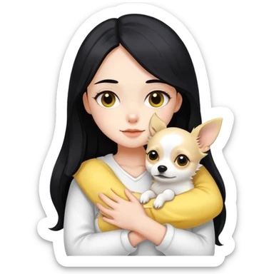 Fair skin girl - long black hair - white clothes - hugging a black, yellow and white Chihuahua sticker