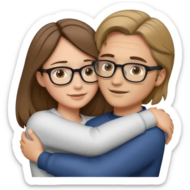 A woman with brown shoulder-length hair is hugging a man with dark blond hair and glasses sticker