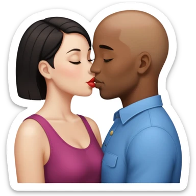 black bald man kissing white woman with short dark hair, emoji style sticker