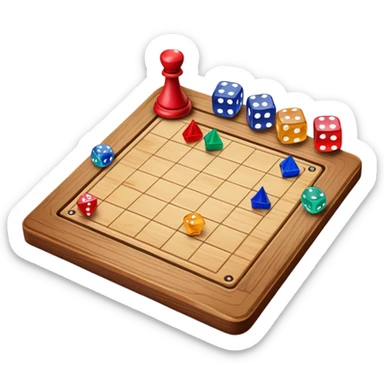 A photorealistic icon featuring a wooden board with a variety of game pieces, dice, a spinning top, and a set of colorful tokens. The design includes a rich, detailed texture of the board and game pieces, capturing the fun and strategy of different tabletop games. Transparent background. sticker