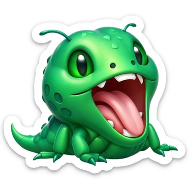 Cinematic Cute Yawning Green Bugdie Portrait Emoji, Head tilted slightly with a dramatic, wide-open yawn, showcasing a smooth, vibrant emerald exoskeleton with delicate patterns and tiny drooping antennae, round multifaceted eyes barely open in drowsy contentment, Simplified yet irresistibly adorable features, highly detailed, glowing with a soft, cozy glow, high shine, relaxed yet expressive, stylized with a touch of whimsy, bright and endearing, soft glowing outline, capturing the essence of a sleepy yet endearing insect, so drowsy it feels like it could stretch out of the screen and curl up for a nap! sticker