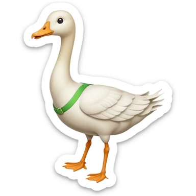 "Emoji of a white running goose with a very long neck and two legs. The goose wears bright green suspenders." sticker